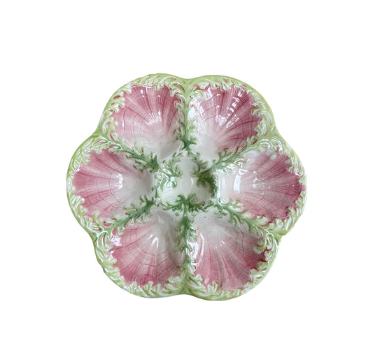 Majolica Oyster Plate Green Seaweed and Pink Shell Plate St Clement Keller Guerin