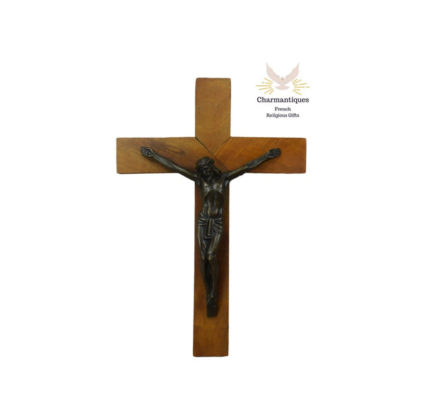 Art Deco Crucifix for Wall Bronze and Wood Cross Jesus