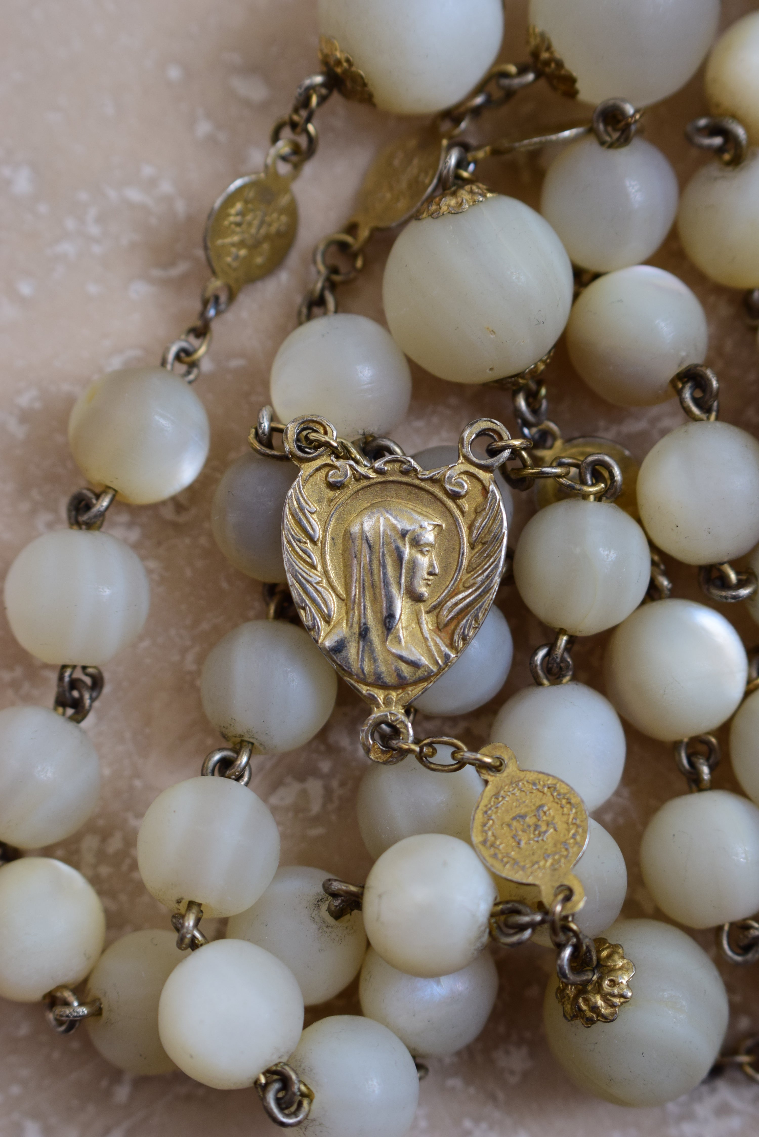 Antique French Mother of Pearl Beads & Gold Sterling Silver