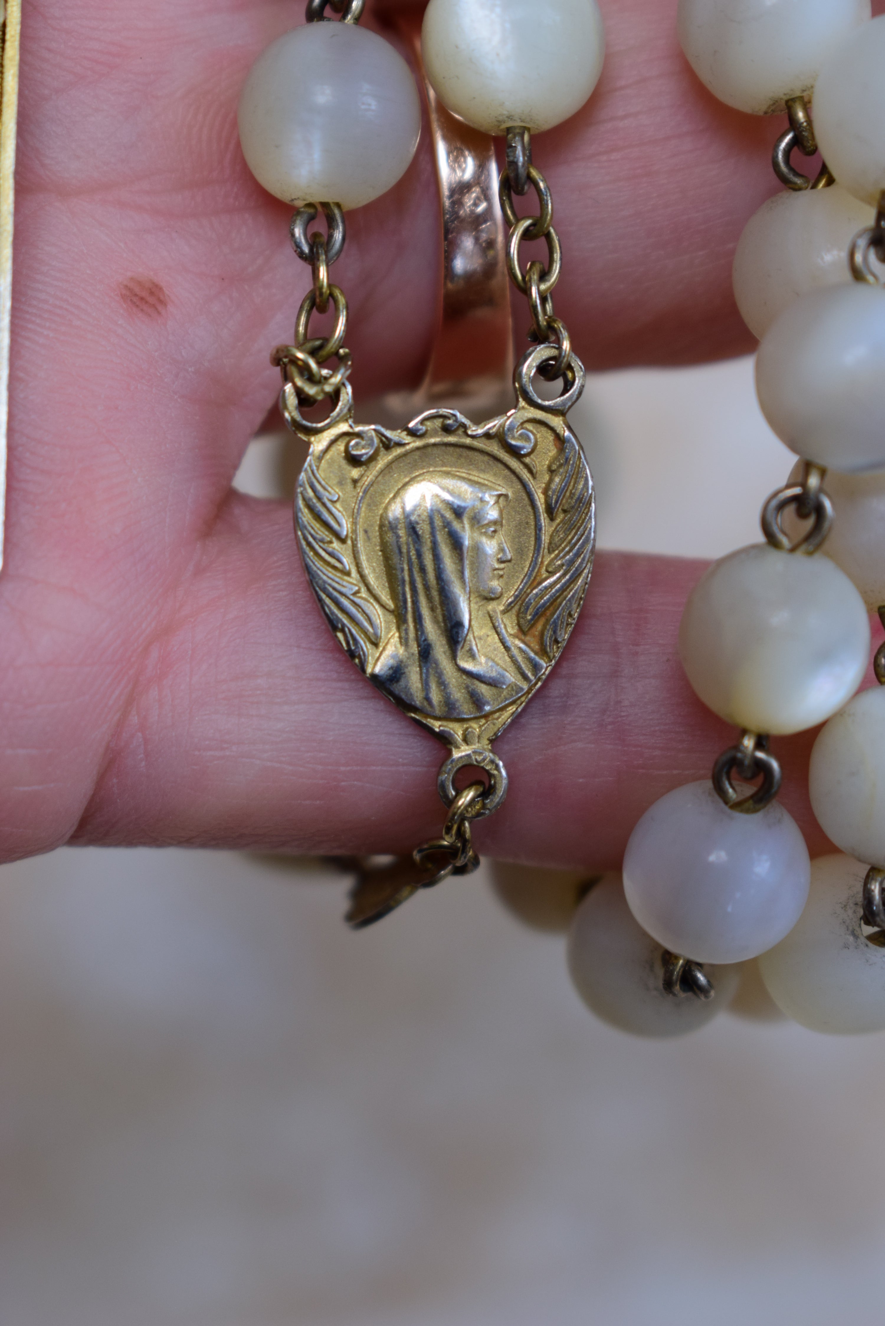 Antique French Mother of Pearl Beads & Gold Sterling Silver