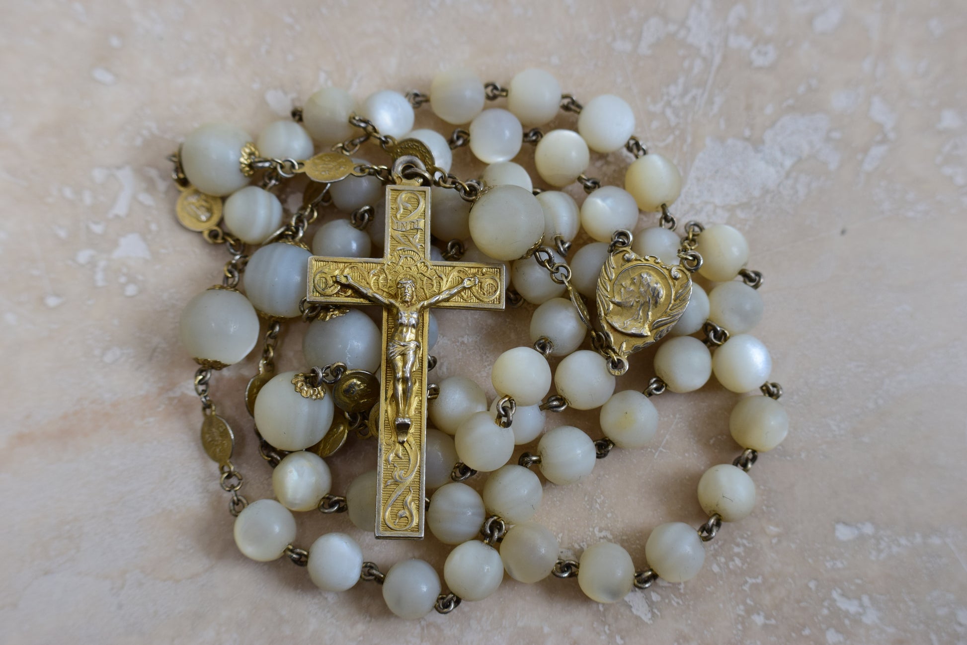 Antique French Mother of Pearl Beads & Gold Sterling Silver Rosary