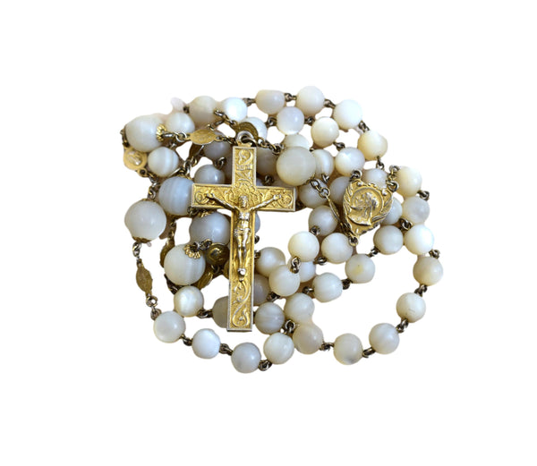 Antique French Mother of Pearl Beads & Gold Sterling Silver Rosary