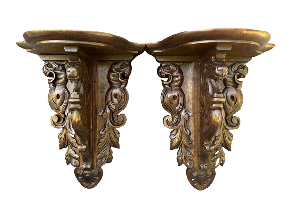 Architectural French Antique Pair of Carved Wooden Console 19th Chimera