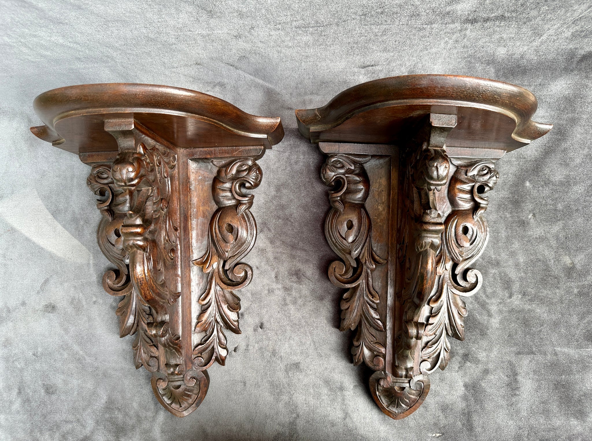 Architectural French Antique Pair of Carved Wooden Console 19th Chimera