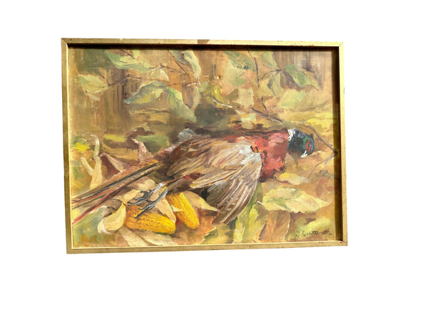 French Antique Oil Painting on Canvas Pheasant Hunting Trophy