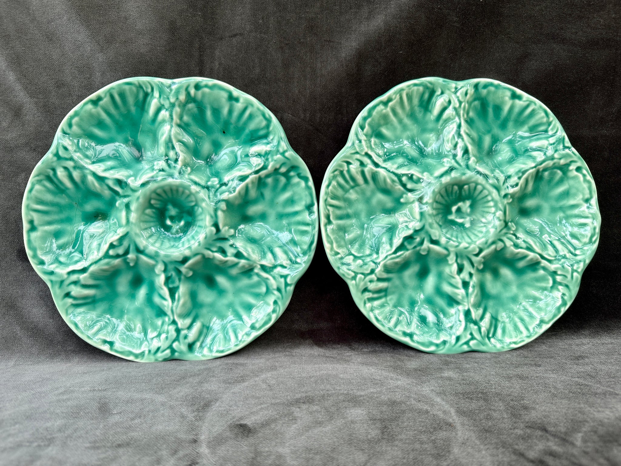 French Antique Set of 6  Majolica Oyster Plates by Gien Blue Turquoise