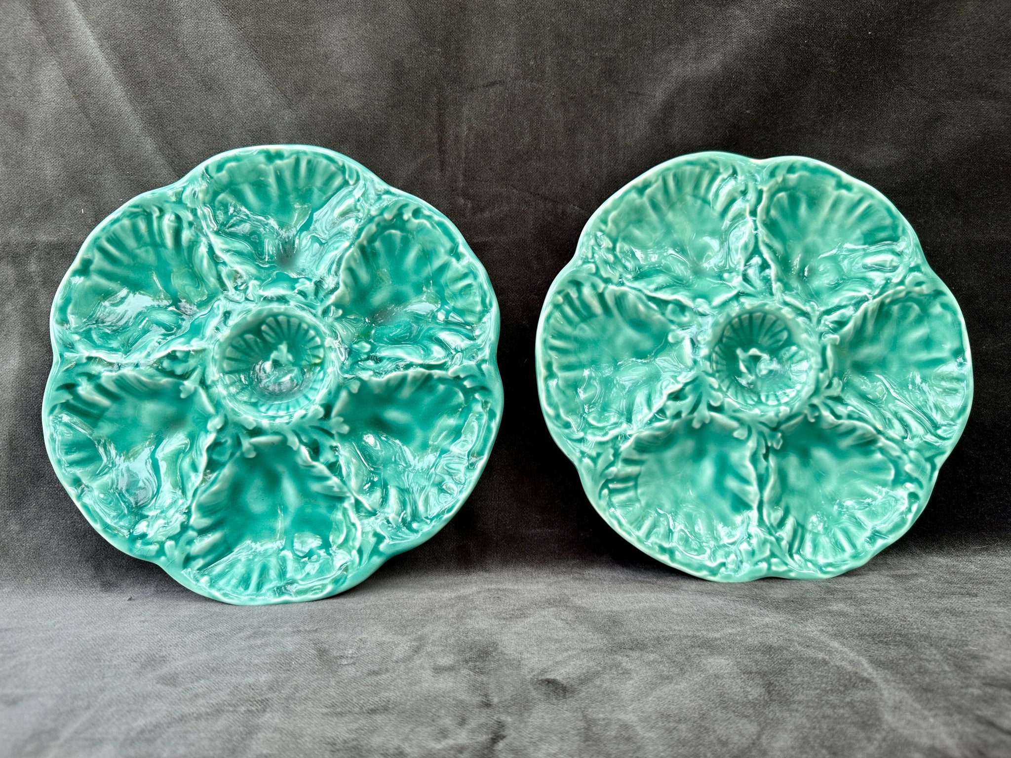 French Antique Set of 6  Majolica Oyster Plates by Gien Blue Turquoise