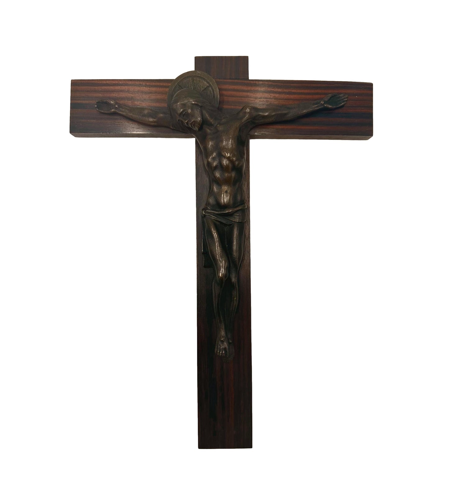 Crucifix Art Déco en Bronze et Bois de Macassar