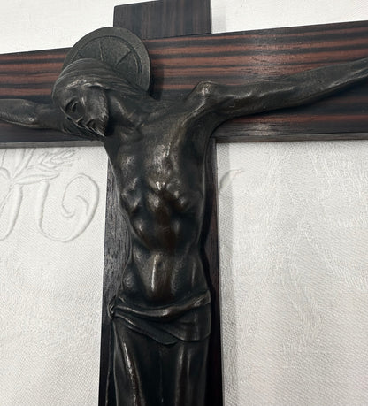 Crucifix Art Déco en Bronze et Bois de Macassar