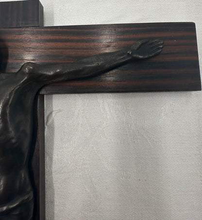 Crucifix Art Déco en Bronze et Bois de Macassar