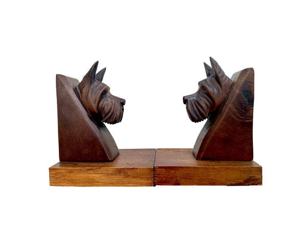 Wood Bookends Pair of Carved Scottish Terrier Dog Figurines French Antique Art Deco
