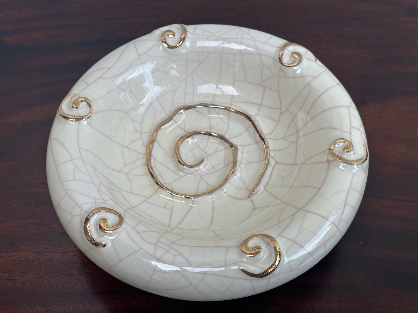 Vintage Longwy Enamels Trinket Bowl Mid Century Gold and White Cracked Ceramic Art Deco Spiral