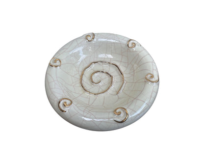 Vintage Longwy Enamels Trinket Bowl Mid Century Gold and White Cracked Ceramic Art Deco Spiral