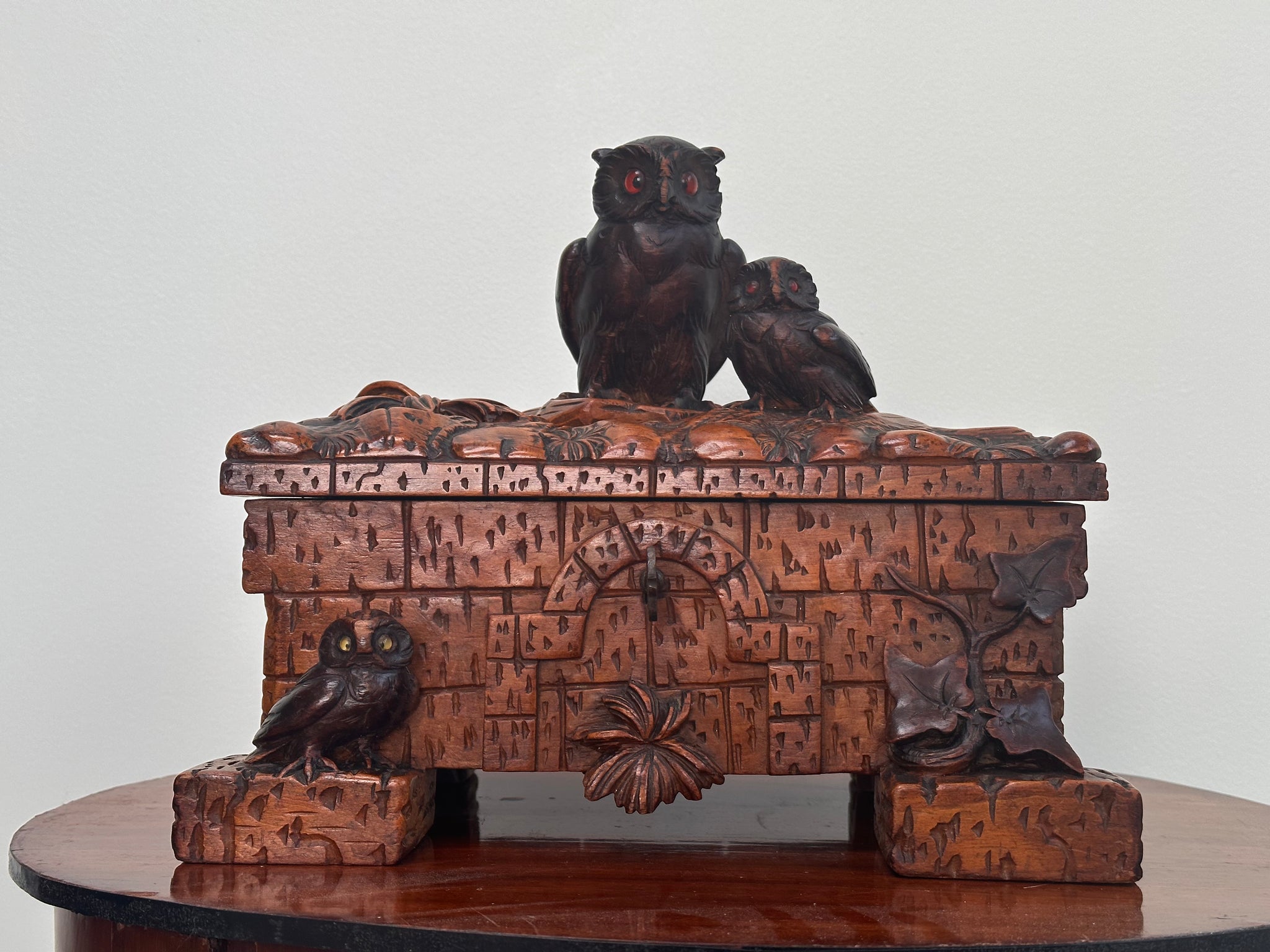 Antique Owl Box Black Forest Hand Carved Wood Chest Jewelry Casket