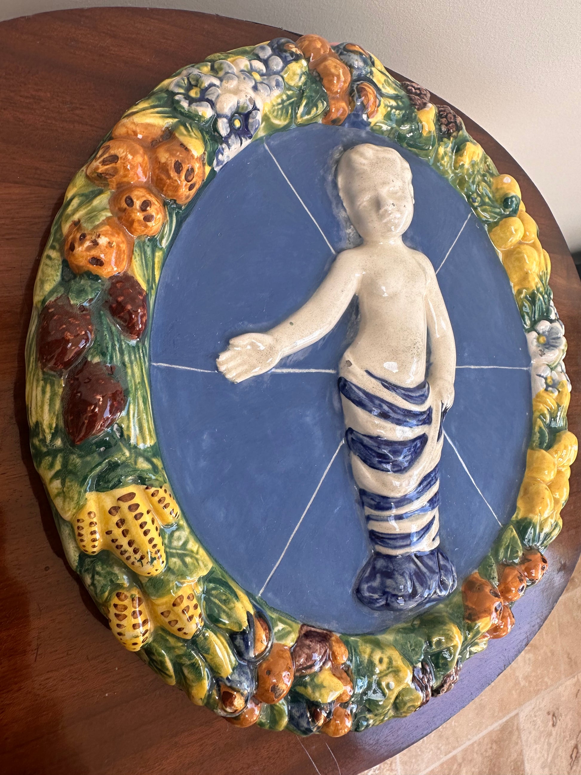 Vintage Italian Hand Painted Luca Della Robbia Majolica Wall Medallion Plate Jesus