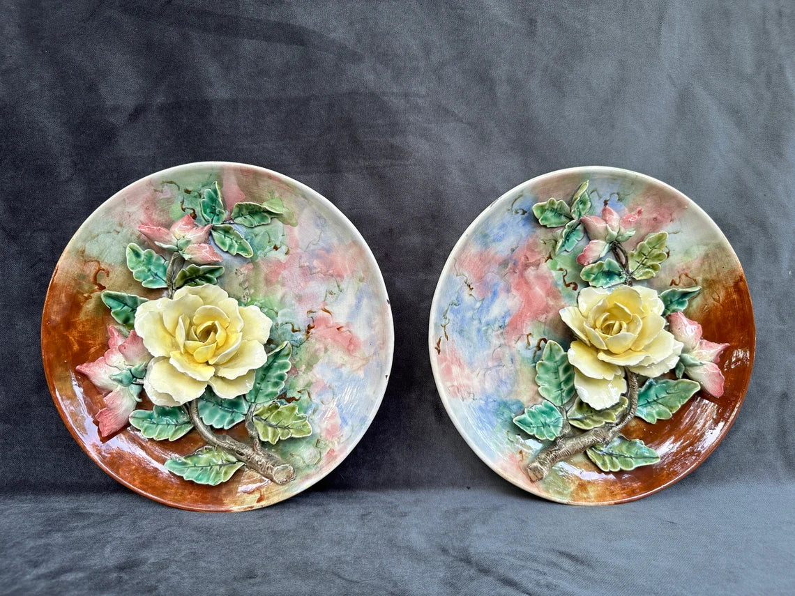 Antique French Pair of Dishes Majolica Art Nouveau 