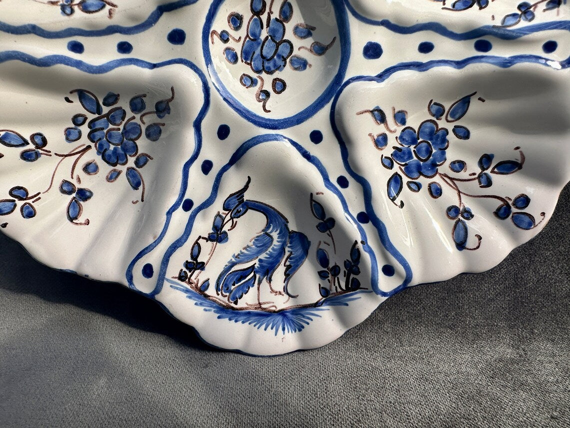 French Antique Martre Tolosane Majolica Oyster Plate Blue Ibis Moustier Decor
