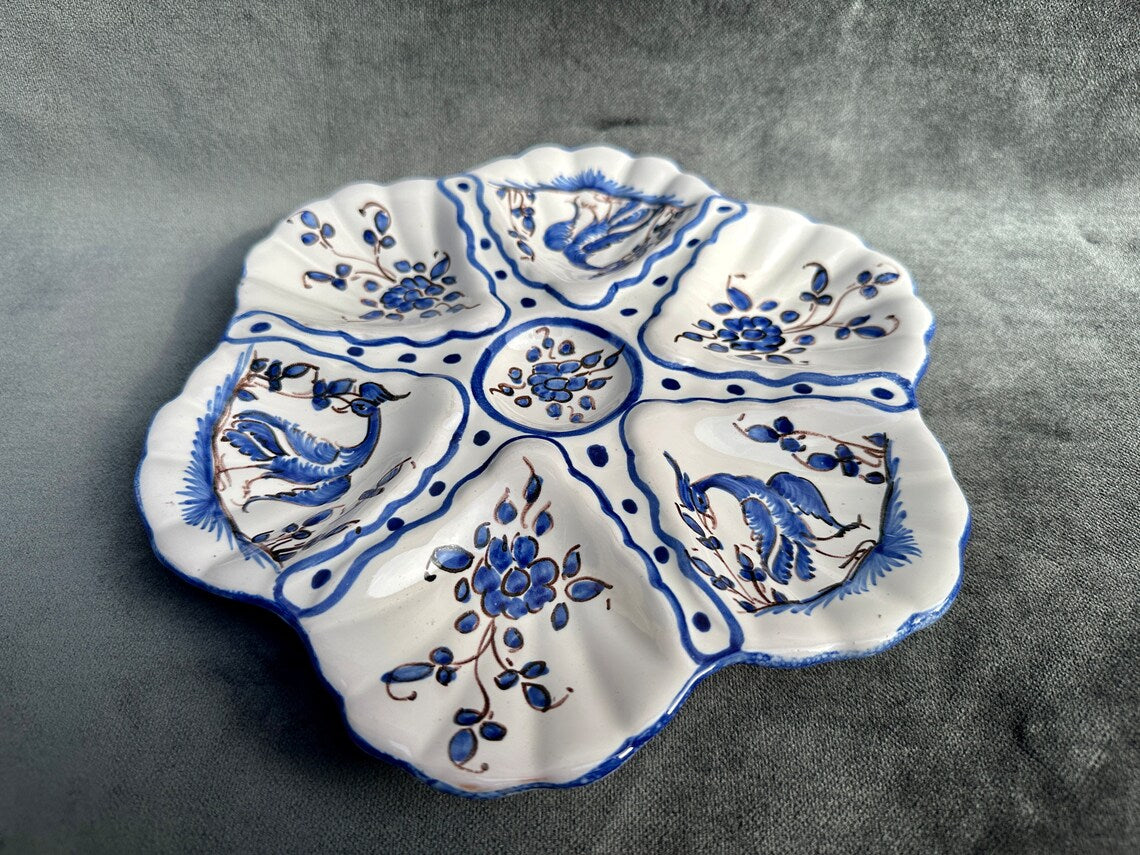 French Antique Martre Tolosane Majolica Oyster Plate Blue Ibis Moustier Decor