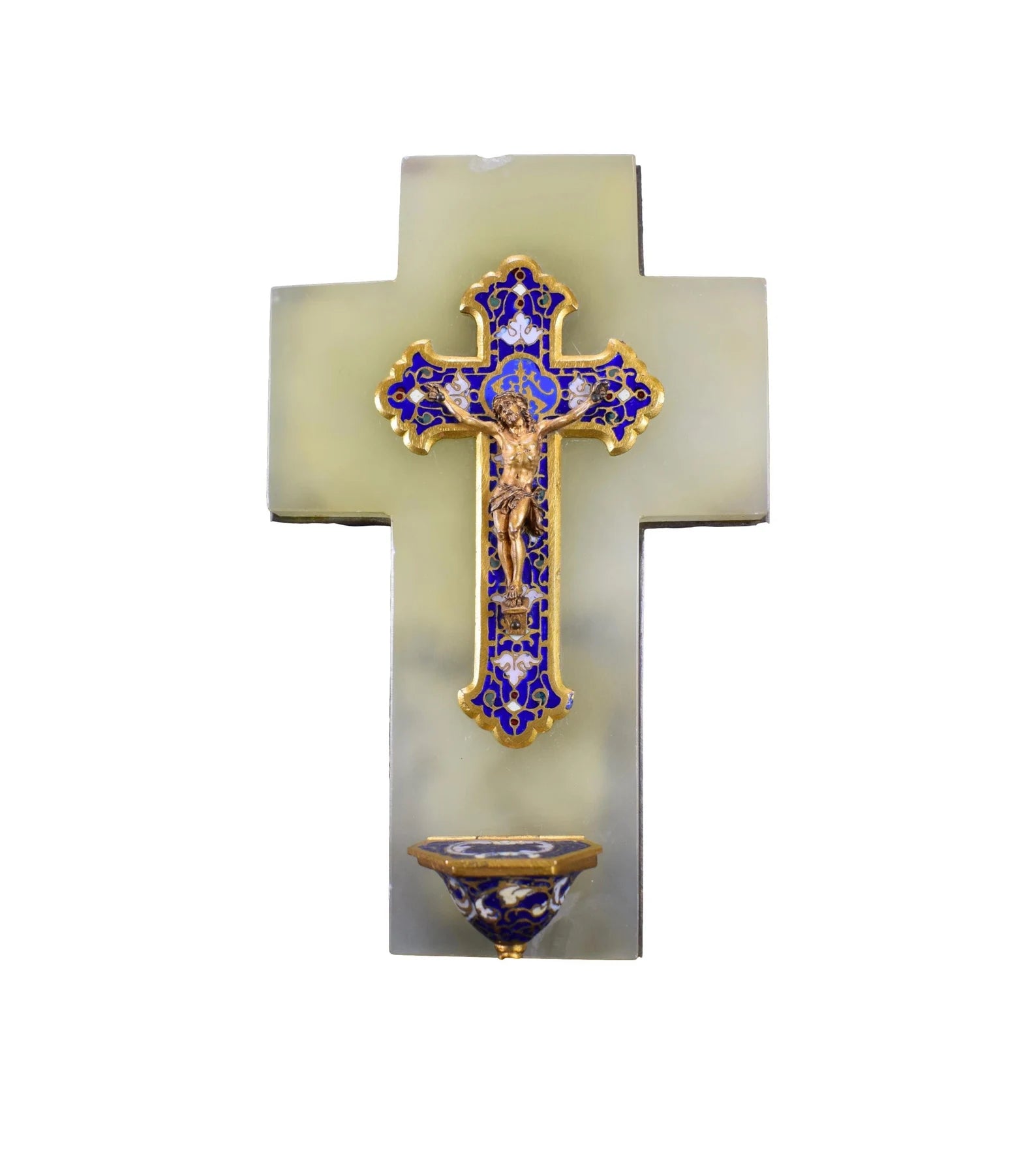 Vintage Cloisonne Enamel Holy Water Font Onyx Jesus Christ Bronze Crucifix