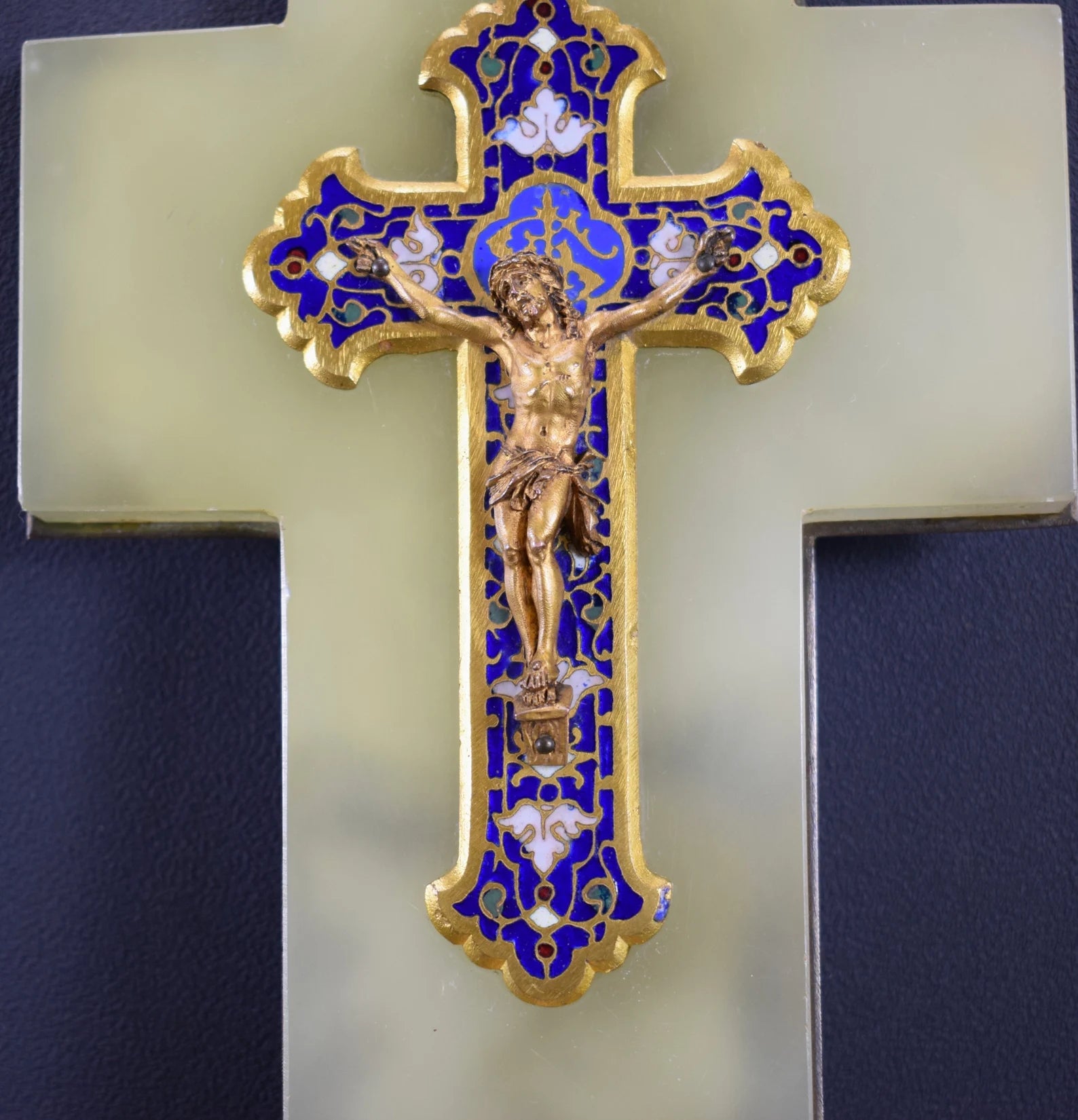 Vintage Cloisonne Enamel Holy Water Font Onyx Jesus Christ Bronze Crucifix
