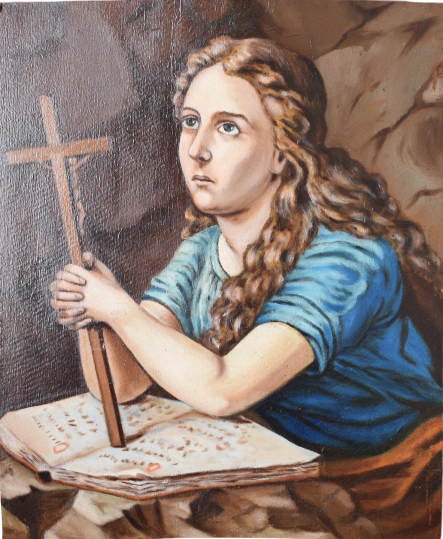 Antique French Oil Painting Portrait of a Praying Young Girl