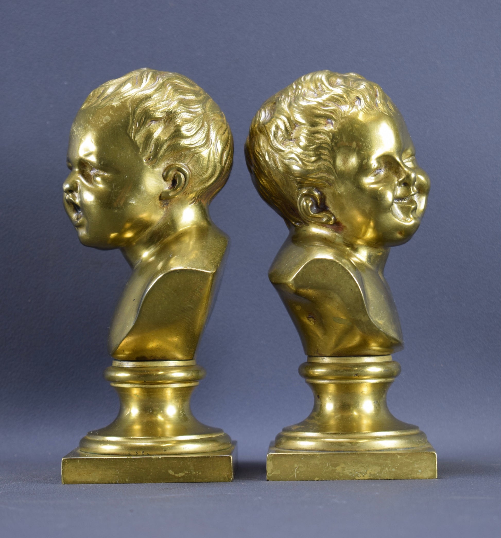 Pair Bronze Statues Busts Houdon The Laughing Child The Crying Child John