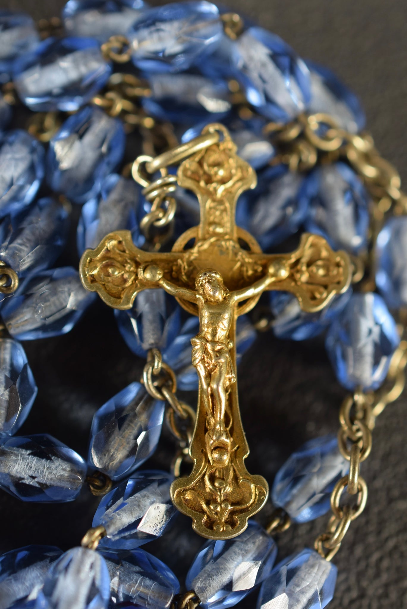 French Art Nouveau Blue Gold Rosary Vermeil