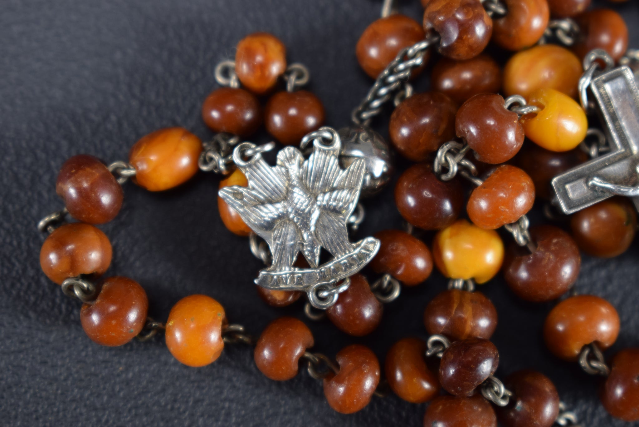 C19th Antique Baltic Cherry Amber Sterling Silver Rosary Reliquary Cross