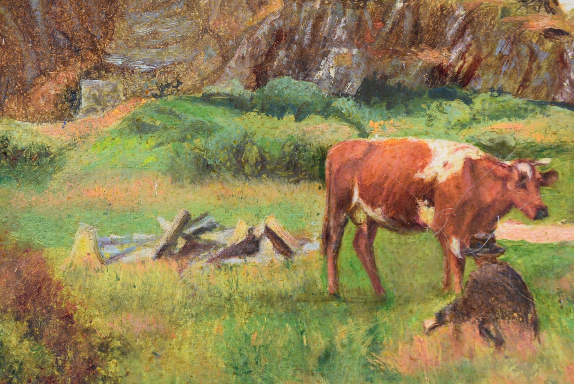 Vintage Oil Painting On Canvas Cows Mountain French School