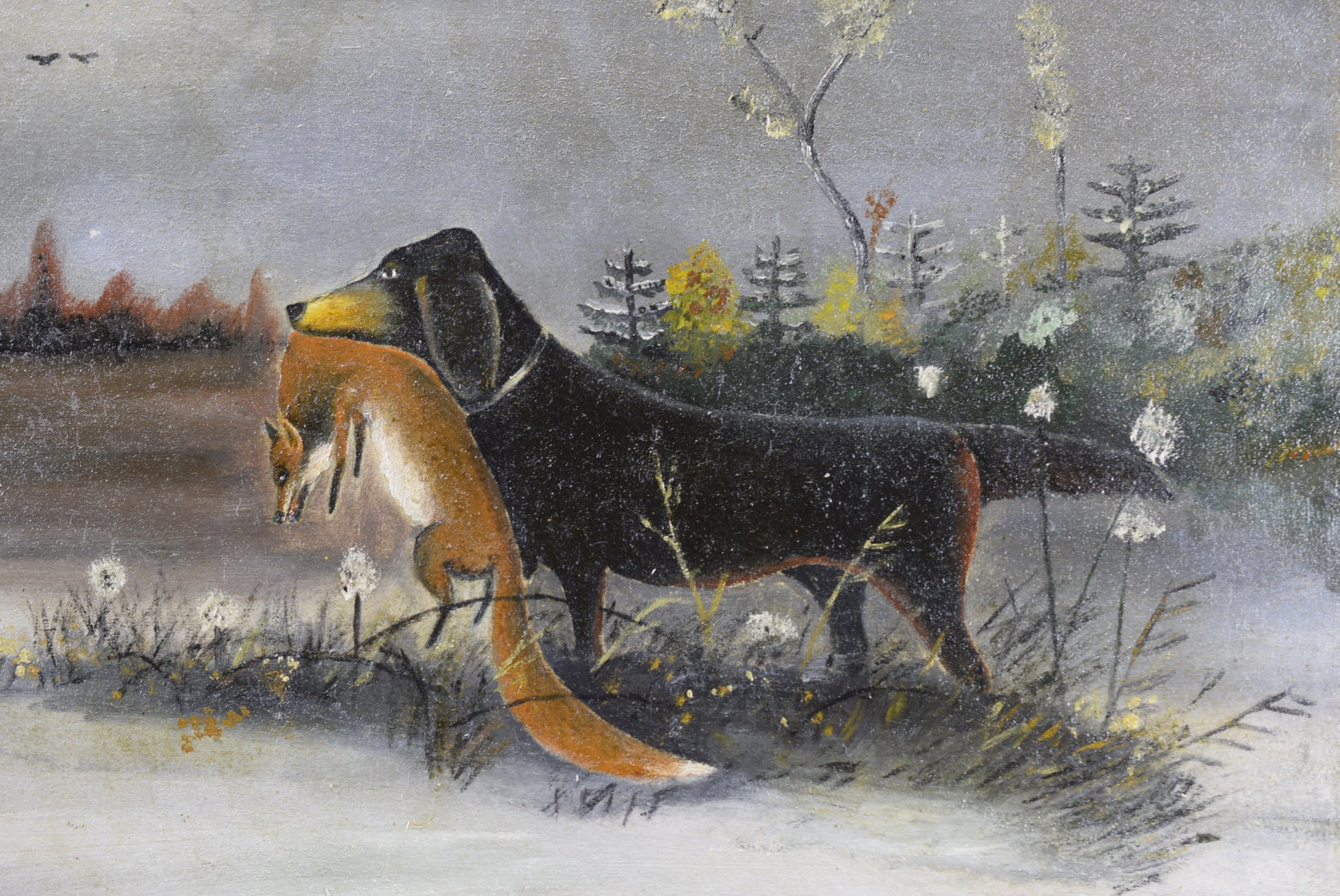 Vintage French Painting Hunting Dog Fox Snow Signed Naive School