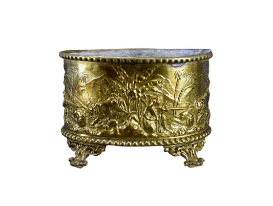 Antique Lion Hunter Embossed Brass Jardiniere Planter Cache Pot