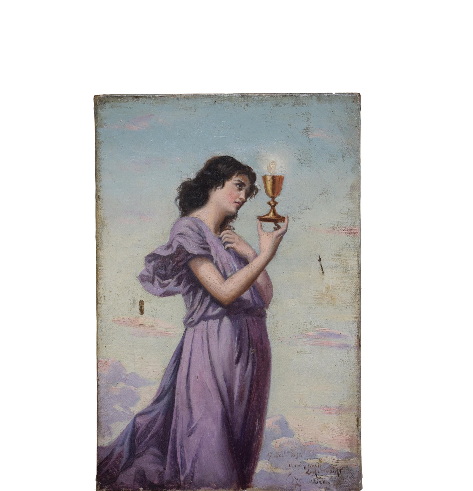 Art Nouveau Oil Painting on Canvas Woman Signed 1898 Pre-Raphaelite