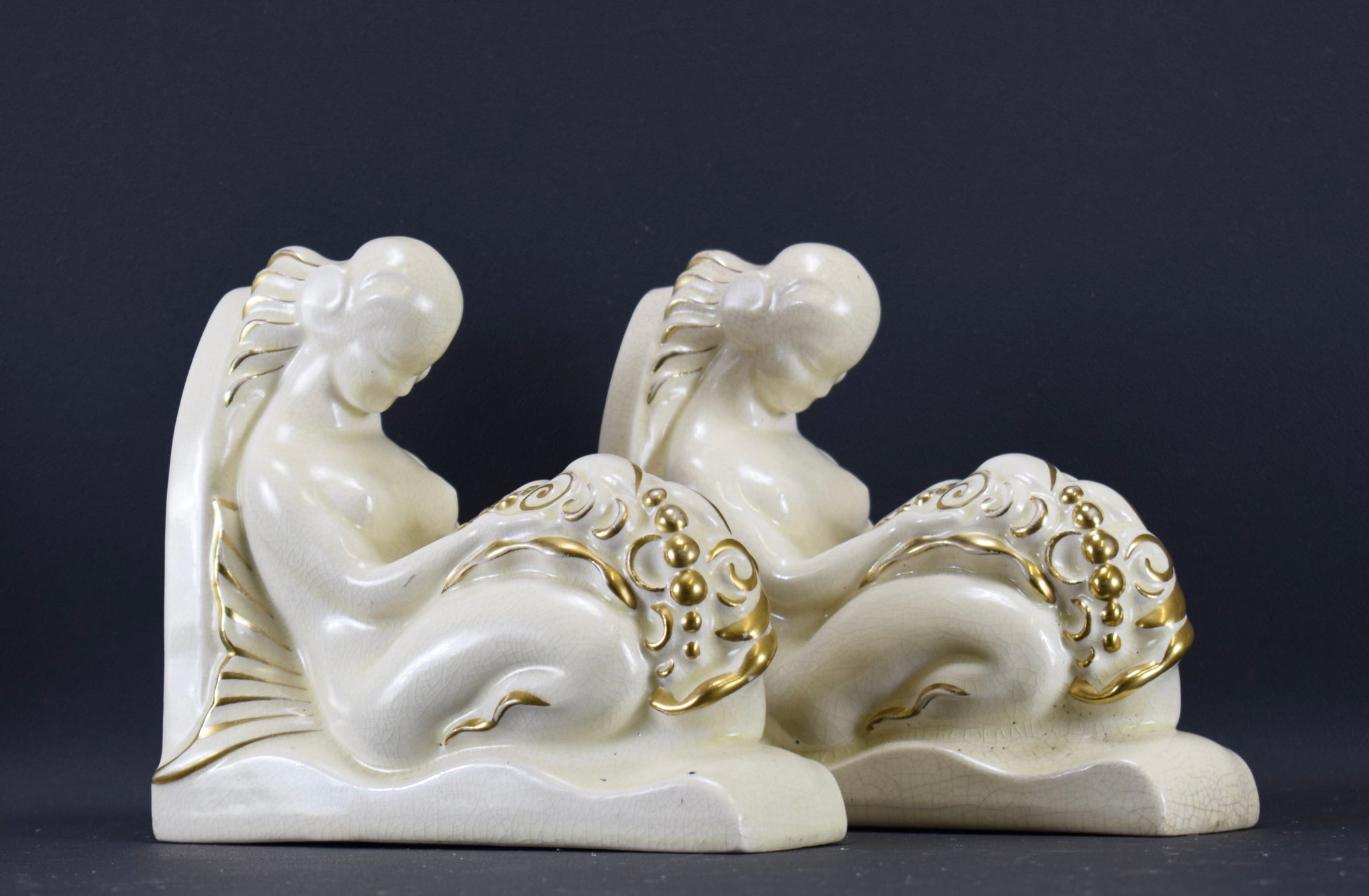 Art Deco Pair of Mermaid Bookends by LEJAN Orchies White Ceramic