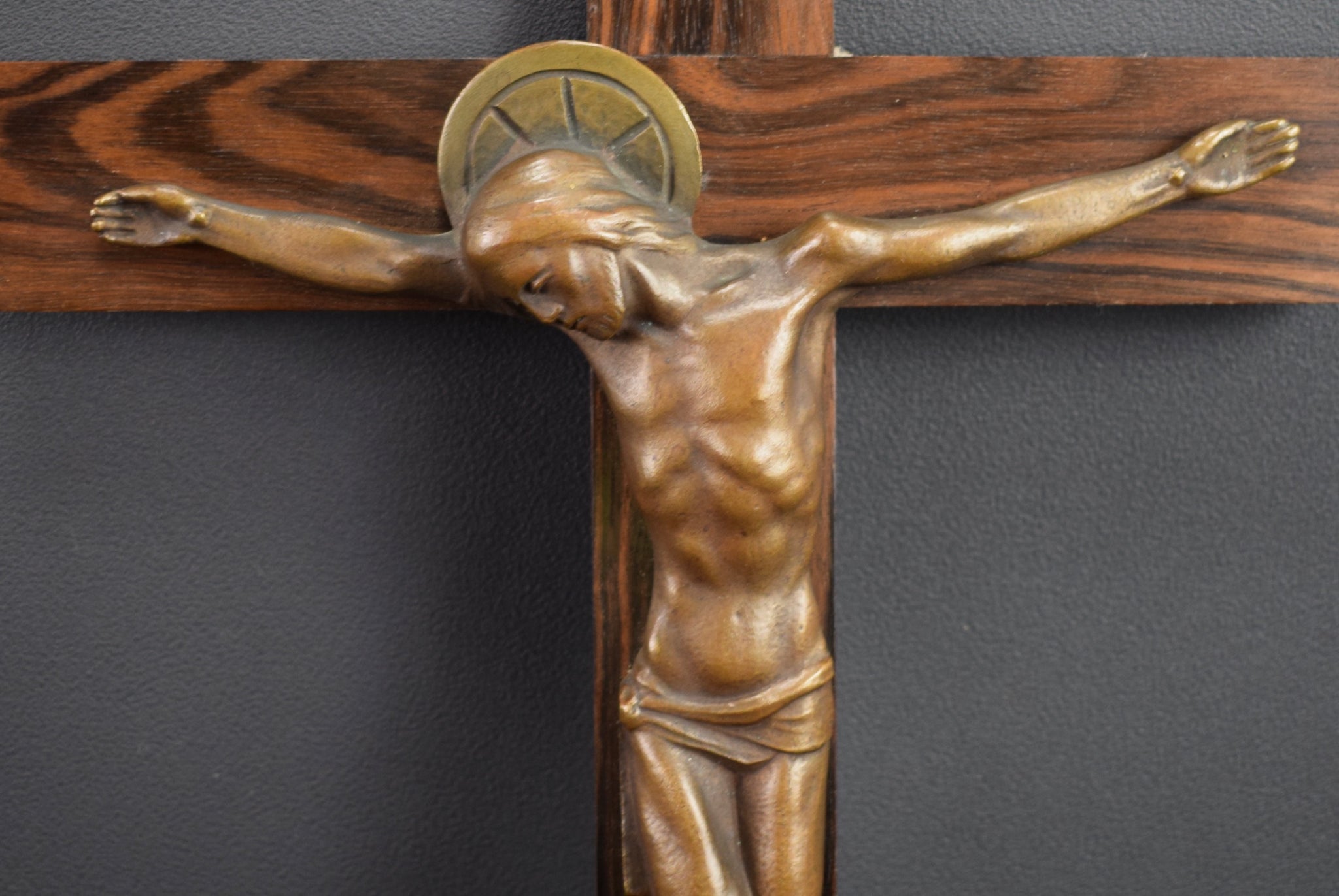 French Art Deco Bronze Wall Cross by Hartmann - Bronze Jesus Christ Corpus - Catholic Modernist Crucifix