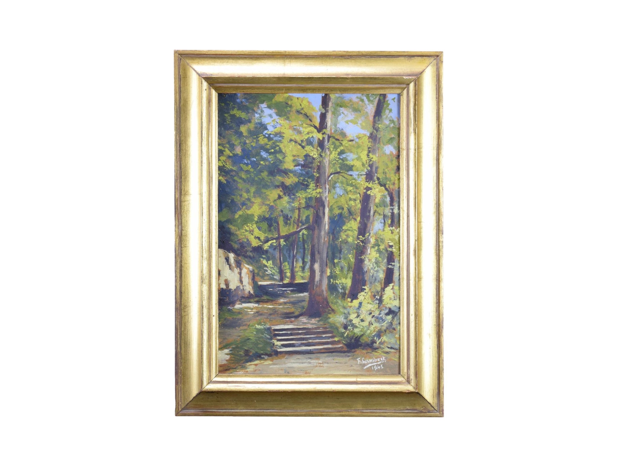 Impressionist Signed Oil Painting Signed F Lambert 1945 Forest Path
