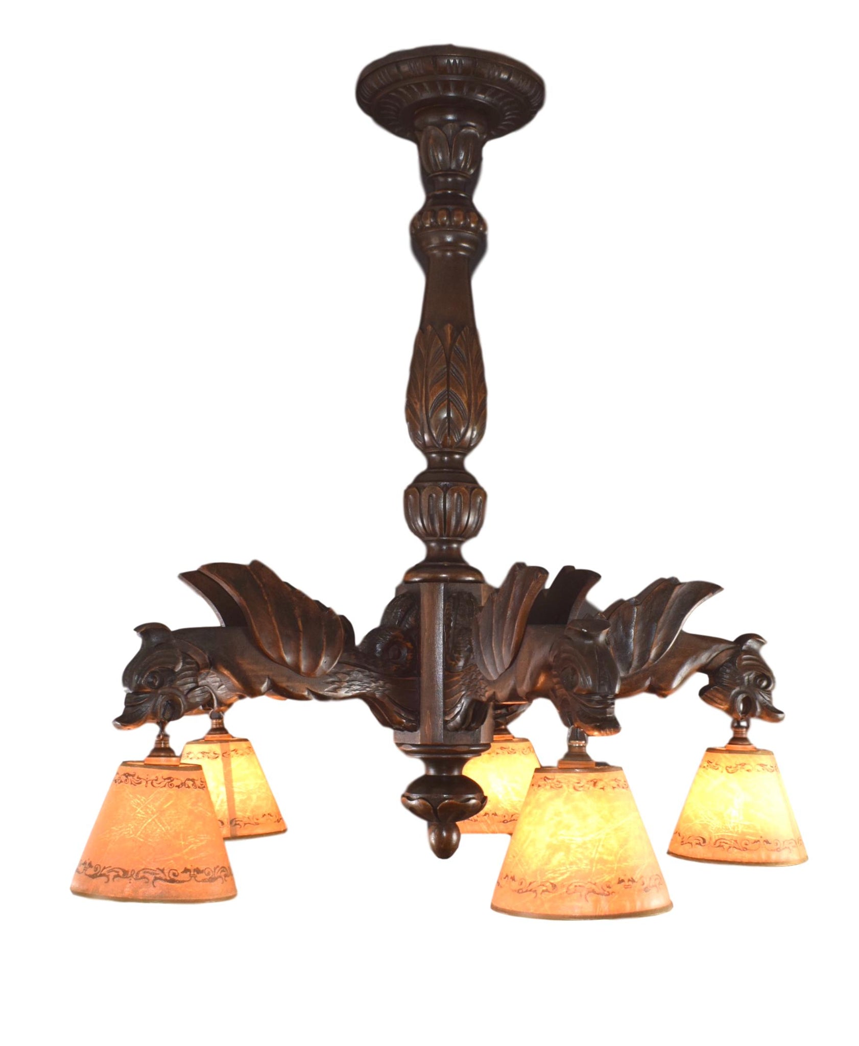 French Gothic Hand Carved Wood Large Chandelier - Victorian Ceiling Light - Griffin Dragon 5 Lights - Black Forest Antique Chandelier