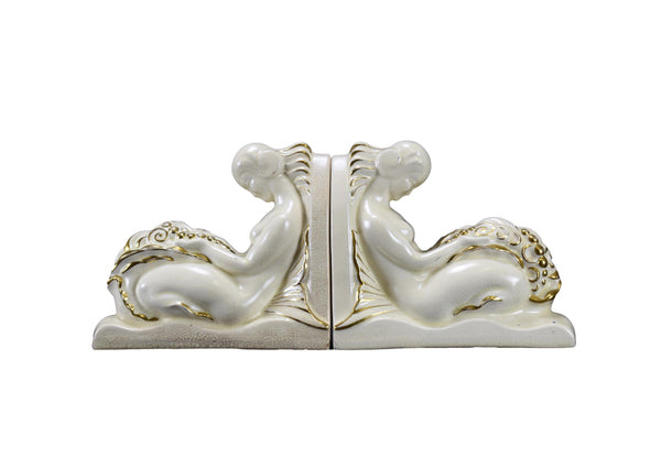 Art Deco Pair of Mermaid Bookends by LEJAN Orchies White Ceramic