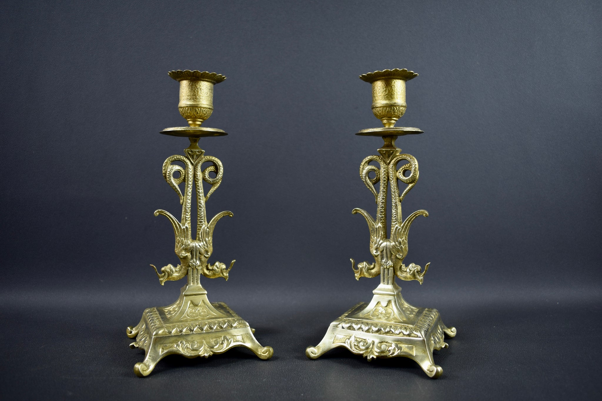 Pair of Gothic Bronze Candlesticks Chimera 19th