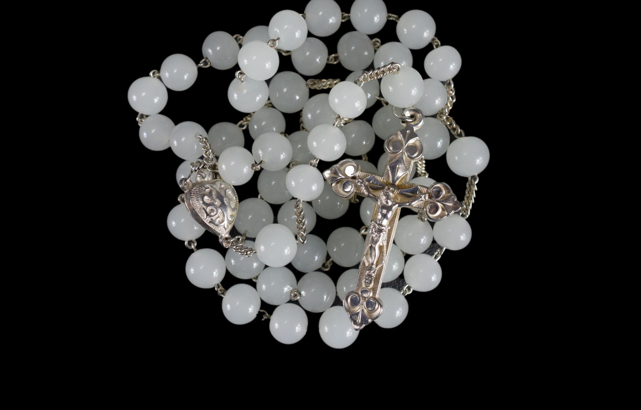 Antique French Sterling Silver White Opaline Glass Rosary