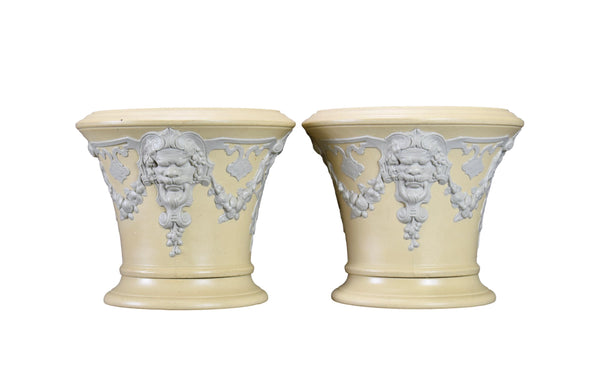 RARE Pair of Victorian Cache Pots by Sarreguemines Ceramic Wedgwood Jasper Ware