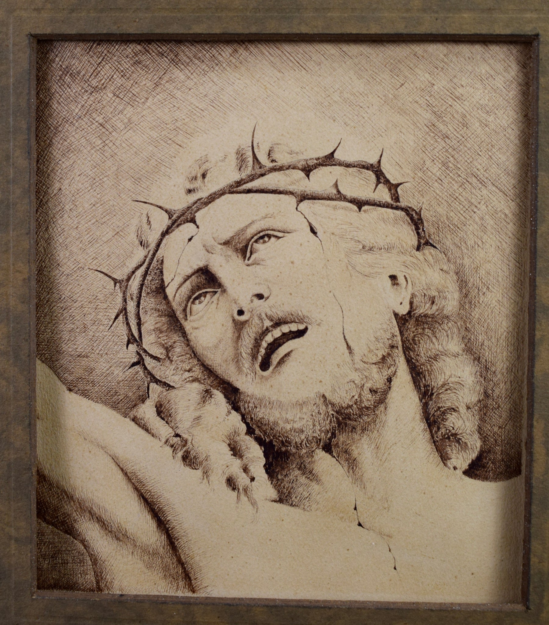 Antique French Religious Ink Drawing On Paper  of Jesus Christ Portrait , Jesus on The Cross