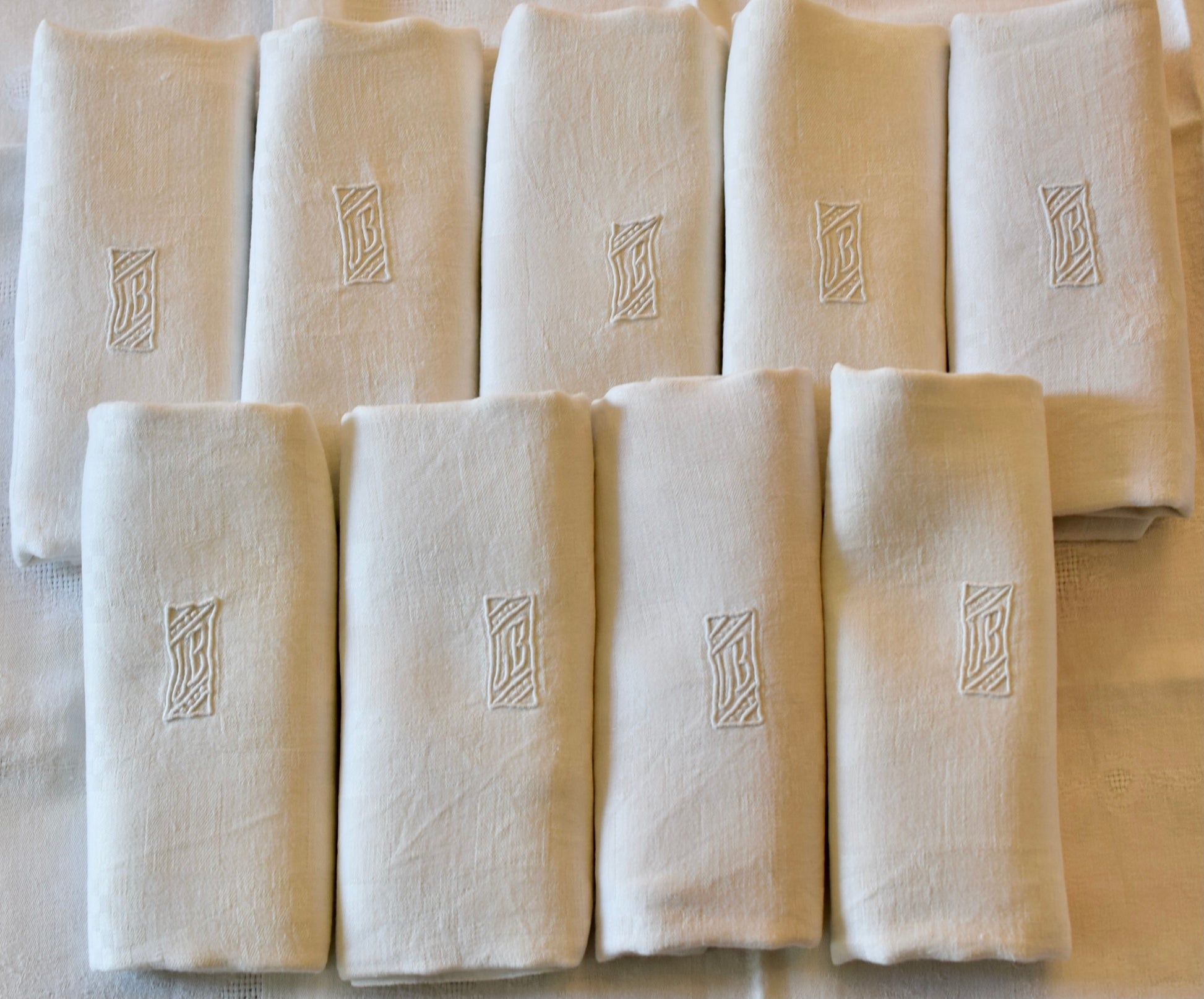 Set of 9 French Antique Damasse Linen Napkins Monogram UB