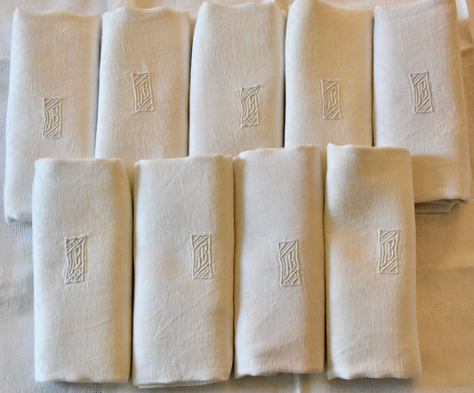 Set of 9 French Antique Damasse Linen Napkins Monogram UB