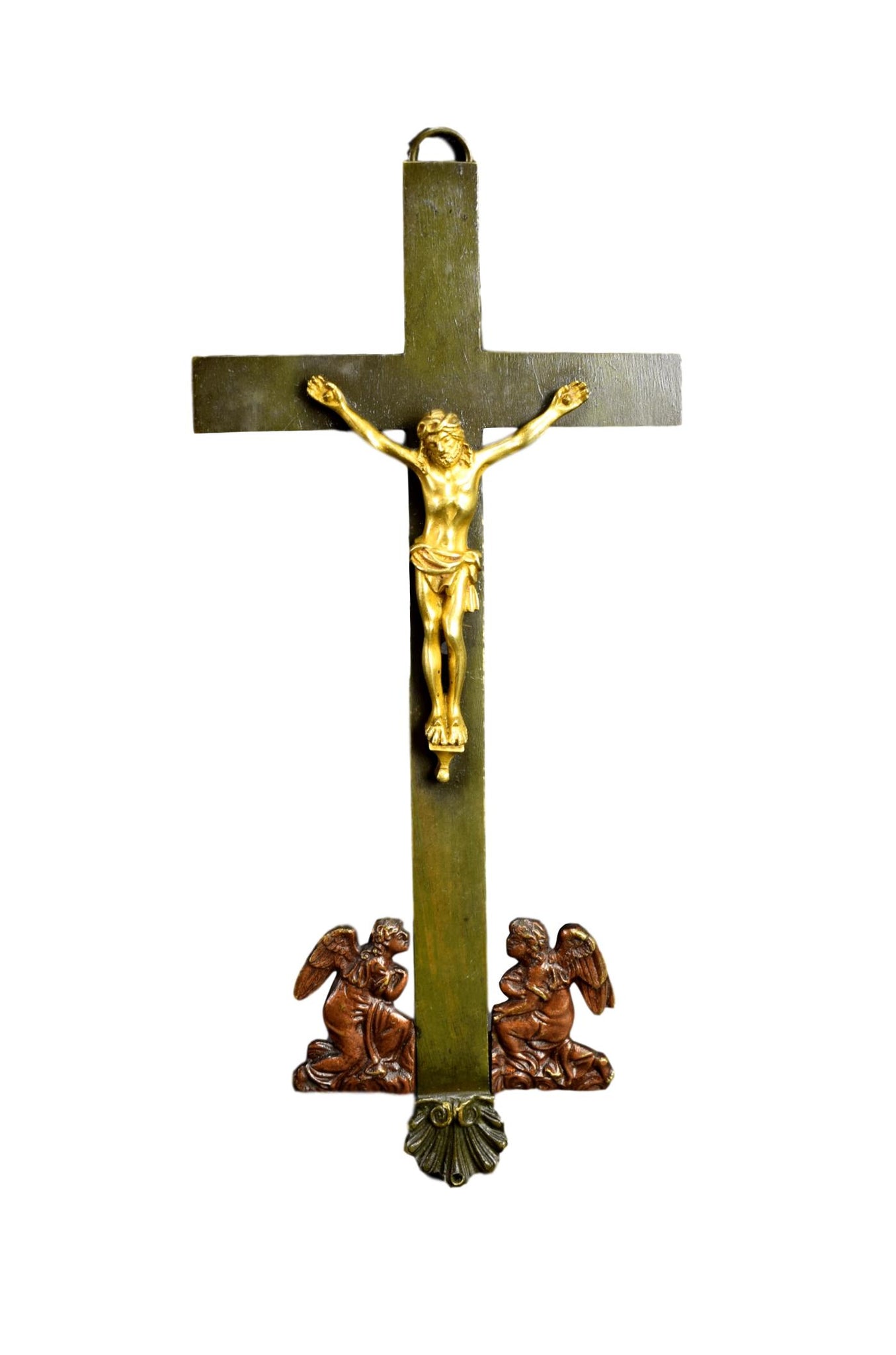 French Antique  Wall Gilt Bronze Cross Crucifix Angels