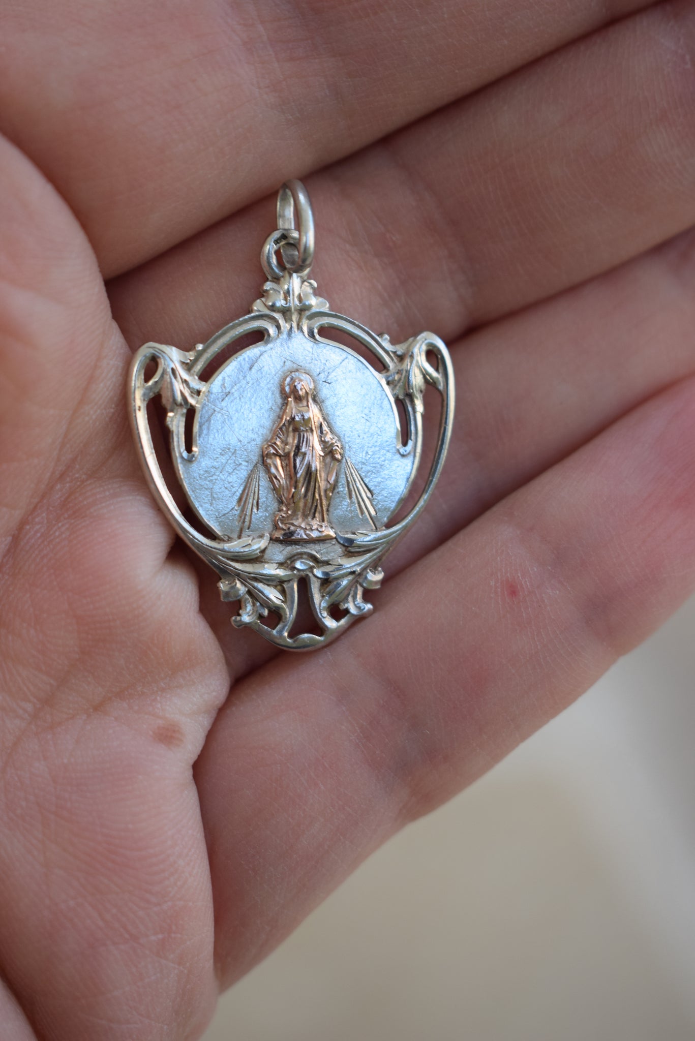 Art Nouveau Sterling Silver Medal Virgin Mary Pendant Gold