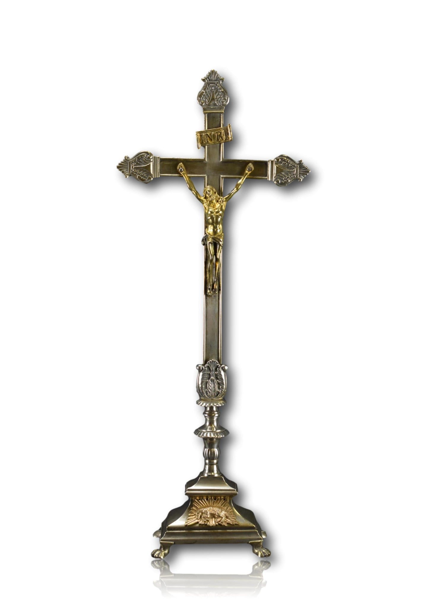 23 3/8" Antique French Silver Bronze Altar Standing Crucifix