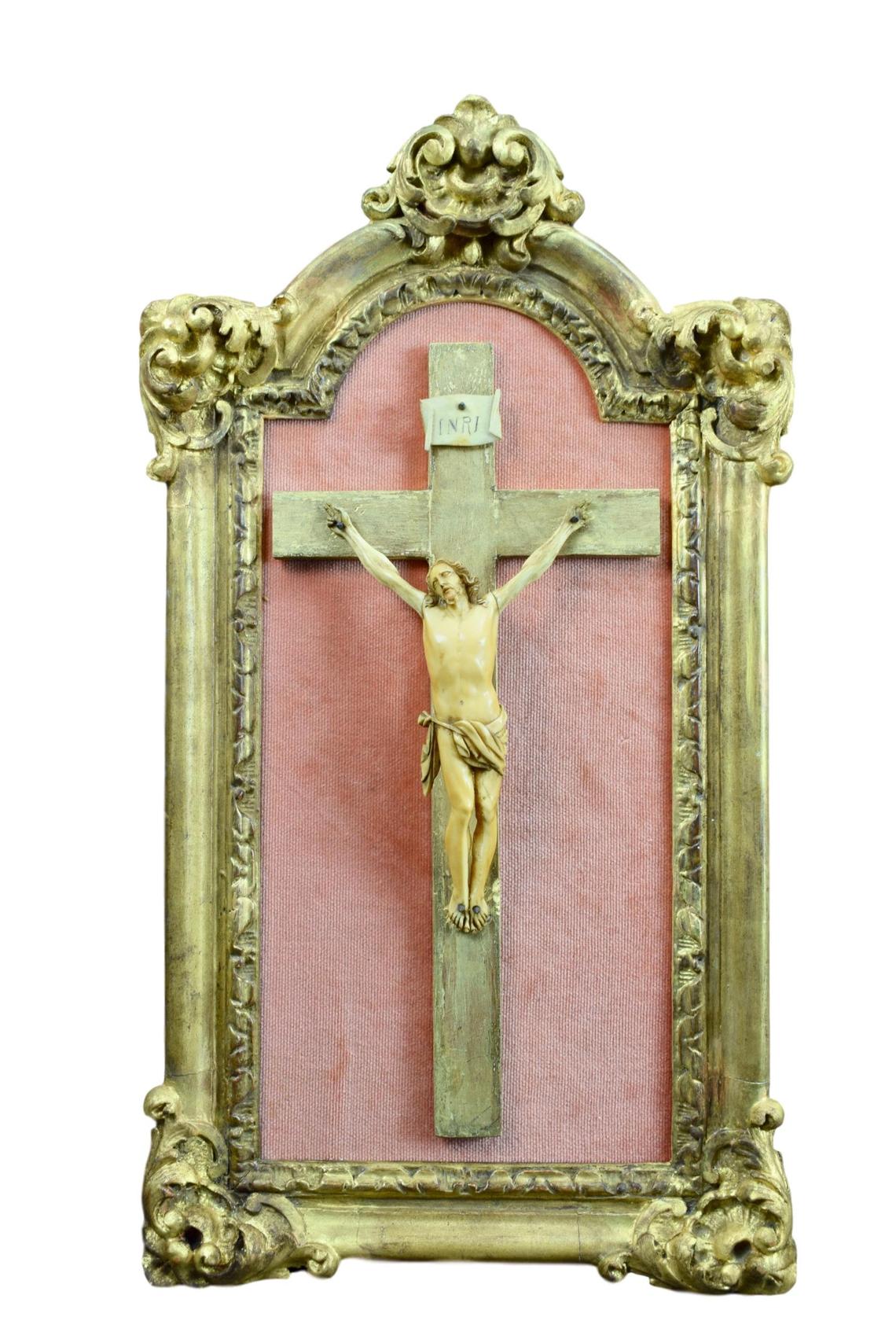 French Antique Religious Hand Carved Gilded Wood Frame - Hand Carved Wall Crucifix - 18th.C Antique Cross