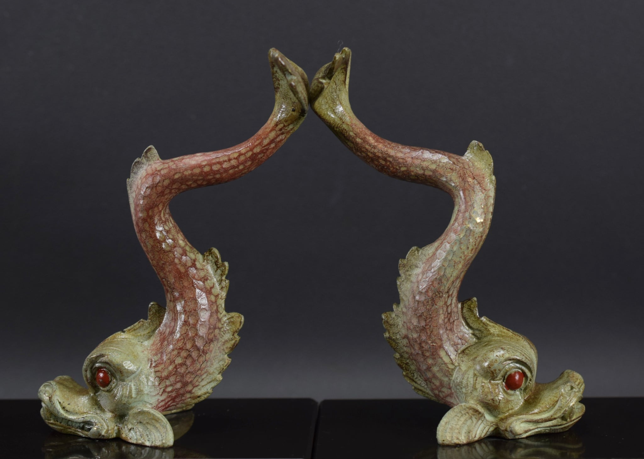 French Art Deco Pair of Fish Dolphin Figurine Bookends on Marble Base
