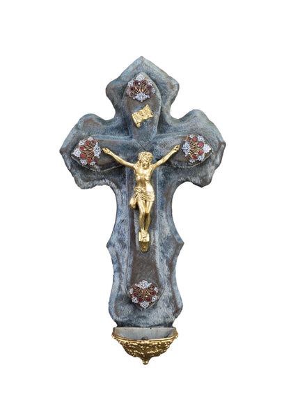 Antique French Religious Holy Water Font Enamel Blue Velvet
