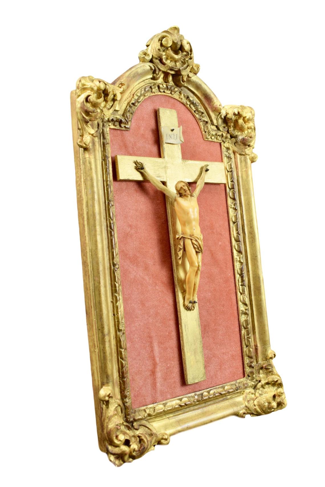 French Antique Religious Hand Carved Gilded Wood Frame - Hand Carved Wall Crucifix - 18th.C Antique Cross